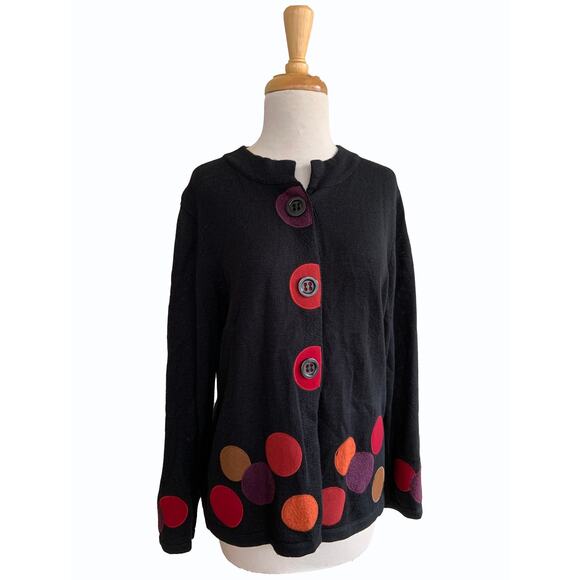 PBJ Sport Cardigan Sweater Black Polka Dot Grandmacore Long Sleeve Cozy Size S - Picture 1 of 5